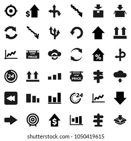 Flat vector icon set - graph vector, crisis, percent growth, dollar, target, arrow down, up, route, signpost, top sign, package, sorting, backward button, cloud exchange, refresh, undo, upload