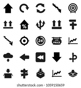 Flat vector icon set - graph vector, crisis, percent growth, target, arrow down, up, route, signpost, top sign, package, backward button, refresh, redo, cloud upload, low price signboard, 24 hour
