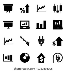 Flat vector icon set - graph vector, pie, japanese candle, laptop, crisis, percent growth, dollar, presentation board, power plug