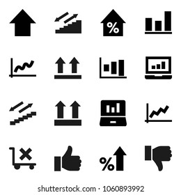 Flat vector icon set - graph vector, laptop, percent growth, arrow up, stairways run, top sign, no trolley, finger, down