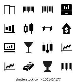 Flat vector icon set - graph vector, gold ingot, japanese candle, laptop, dollar growth, horizontal bar, glass, barcode