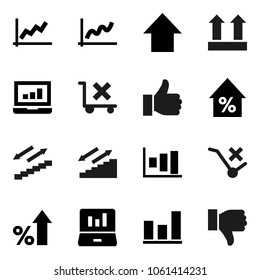 Flat vector icon set - graph vector, laptop, percent growth, arrow up, stairways run, top sign, no trolley, finger, down
