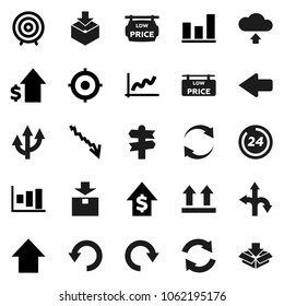 Flat vector icon set - graph vector, crisis, dollar growth, target, arrow up, route, signpost, top sign, package, refresh, redo, undo, cloud upload, low price signboard, 24 hour