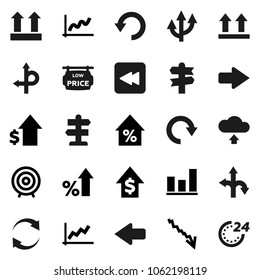 Flat vector icon set - graph vector, crisis, percent growth, dollar, target, route, signpost, top sign, backward button, arrow, refresh, redo, undo, cloud upload, low price signboard, 24 hour