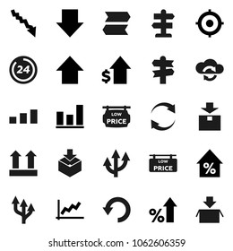 Flat vector icon set - graph vector, crisis, percent growth, dollar, target, arrow down, up, signpost, top sign, package, sorting, cloud exchange, refresh, undo, route, low price signboard, 24 hour