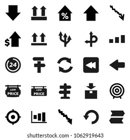 Flat vector icon set - graph vector, crisis, percent growth, dollar, target, arrow down, up, route, signpost, top sign, package, sorting, backward button, refresh, undo, low price signboard, 24 hour