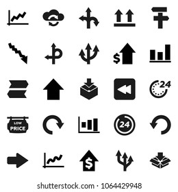 Flat vector icon set - graph vector, crisis, dollar growth, arrow up, route, top sign, package, backward button, cloud exchange, redo, undo, low price signboard, 24 hour, signpost
