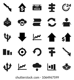 Flat vector icon set - graph vector, crisis, dollar growth, target, arrow down, up, signpost, package, sorting, cloud exchange, refresh, undo, upload, route, low price signboard, 24 hour