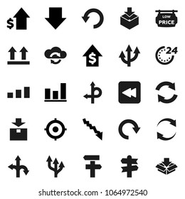 Flat vector icon set - graph vector, crisis, dollar growth, target, arrow down, route, signpost, top sign, package, sorting, backward button, cloud exchange, refresh, redo, undo, low price signboard