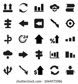 Flat vector icon set - graph vector, crisis, percent growth, dollar, target, arrow up, route, signpost, top sign, sorting, backward button, cloud exchange, refresh, upload, 24 hour, package