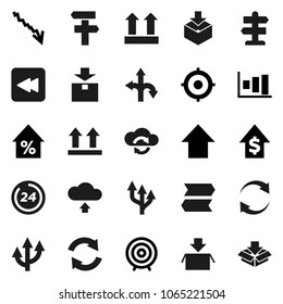 Flat vector icon set - graph vector, crisis, percent growth, dollar, target, arrow up, route, signpost, top sign, package, backward button, cloud exchange, refresh, upload, 24 hour