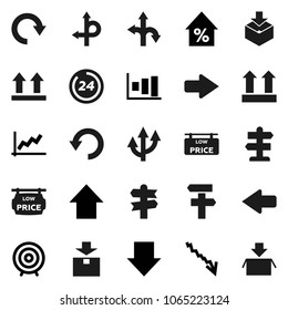 Flat vector icon set - graph vector, crisis, percent growth, target, arrow down, up, route, signpost, top sign, package, redo, undo, low price signboard, 24 hour