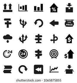 Flat vector icon set - graph vector, percent growth, dollar, target, route, signpost, top sign, package, backward button, arrow, redo, undo, cloud upload, low price signboard, 24 hour
