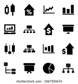Flat vector icon set - graph vector, pie, japanese candle, laptop, percent growth, dollar, presentation board, hierarchy