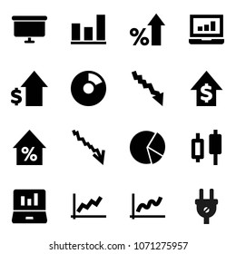 Flat vector icon set - graph vector, pie, japanese candle, laptop, crisis, percent growth, dollar, presentation board, power plug