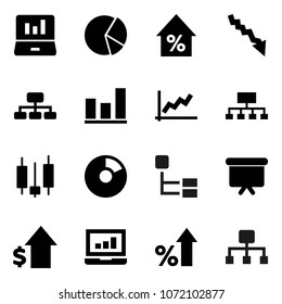 Flat vector icon set - graph vector, pie, japanese candle, laptop, crisis, percent growth, dollar, presentation board, hierarchy