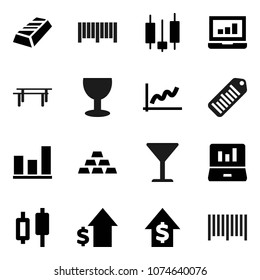 Flat vector icon set - graph vector, gold ingot, japanese candle, laptop, dollar growth, horizontal bar, glass, barcode