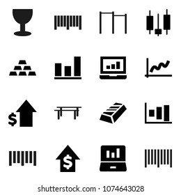 Flat vector icon set - graph vector, gold ingot, japanese candle, laptop, dollar growth, horizontal bar, glass, barcode
