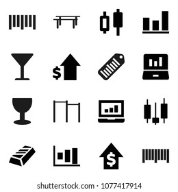 Flat vector icon set - graph vector, gold ingot, japanese candle, laptop, dollar growth, horizontal bar, glass, barcode