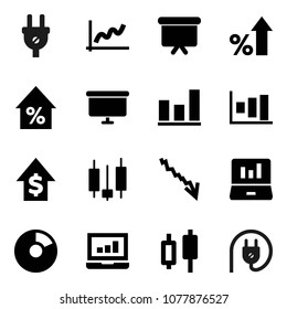 Flat vector icon set - graph vector, pie, japanese candle, laptop, crisis, percent growth, dollar, presentation board, power plug