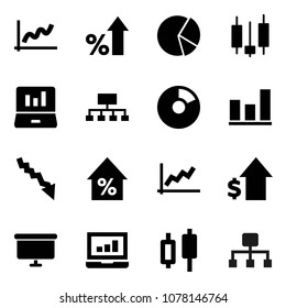 Flat vector icon set - graph vector, pie, japanese candle, laptop, crisis, percent growth, dollar, presentation board, hierarchy