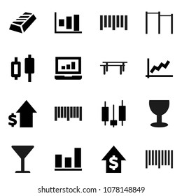 Flat vector icon set - graph vector, gold ingot, japanese candle, laptop, dollar growth, horizontal bar, glass, barcode