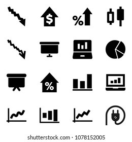 Flat vector icon set - graph vector, pie, japanese candle, laptop, crisis, percent growth, dollar, presentation board, power plug