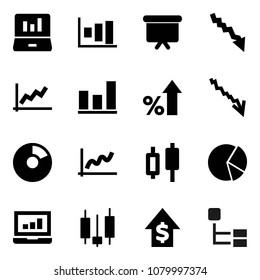 Flat vector icon set - graph vector, pie, japanese candle, laptop, crisis, percent growth, dollar, presentation board, hierarchy