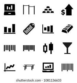 Flat vector icon set - graph vector, gold ingot, japanese candle, laptop, dollar growth, horizontal bar, glass, barcode