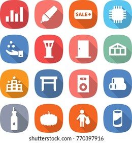 flat vector icon set - graph vector, marker, sale, chip, chemical industry, airport tower, door, greenhouse, hotel, stool, speaker, pipes, vegetable oil, pumpkin, trash, cleanser powder