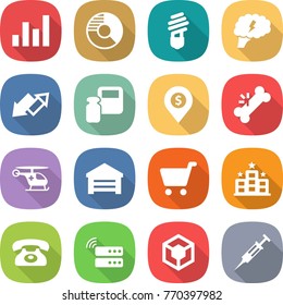 flat vector icon set - graph vector, circle diagram, bulb, brain, up down arrow, scales weight, dollar pin, broken bone, ambulance helicopter, garage, cart, hotel, phone, server, 3d, syringe