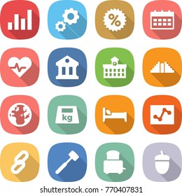 flat vector icon set - graph vector, gear, percent, calendar, heart pulse, library, university, pyramid, globe, heavy, bed, analytics, link, meat hammer, toaster, acorn