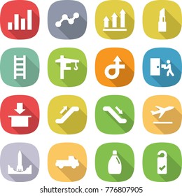 flat vector icon set - graph vector, up, lipstick, ladder, tower crane, trip, courier delivery, package, escalator, departure, rocket start, pickup, cleanser, please clean