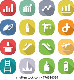 flat vector icon set - graph vector, diagram, up, down arrow, lipstick, tower crane, trip, package, escalator, departure, ladder, rocket start, cleanser, please clean