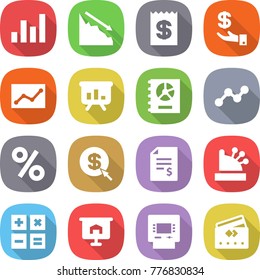 flat vector icon set - graph vector, crisis, receipt, investment, statistics, presentation, annual report, percent, dollar arrow, account balance, cashbox, calculator, atm, credit card