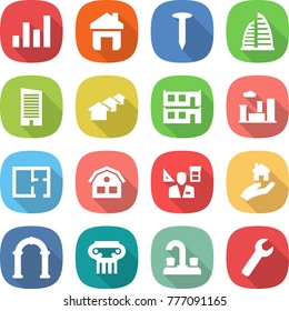 flat vector icon set - graph vector, home, nail, skyscraper, houses, modular house, city, plan, architector, real estate, arch, antique column, water tap, wrench