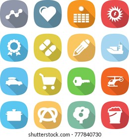 flat vector icon set - graph vector, heart, sun power, medal, pill, pencil, sea shipping, car baggage, cart, key, helicopter, pan, pretzel, garden, foam bucket