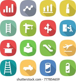 flat vector icon set - graph vector, up, lipstick, ladder, tower crane, route, courier delivery, package, escalator, departure, pickup, cleanser powder, please clean