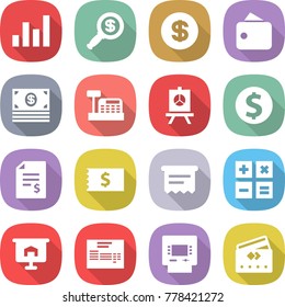 flat vector icon set - graph vector, dollar magnifier, wallet, money, cashbox, presentation, coin, account balance, receipt, atm, calculator, invoice, credit card