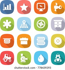 flat vector icon set - graph vector, star, monitor arrow, satellite, ambulance, map, cooler fan, nightstand, colander, chief hat, towel, flower, tractor, water pump, drop, cleaner