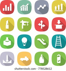 flat vector icon set - graph vector, diagram, up, lipstick, tower crane, route, package, air ballon, escalator, ladder, rocket start, pickup, cleanser, please clean
