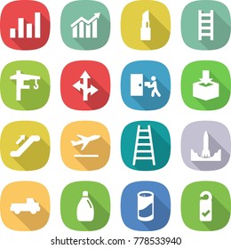 flat vector icon set - graph vector, diagram, lipstick, ladder, tower crane, route, courier delivery, package, escalator, departure, rocket start, pickup, cleanser, powder, please clean