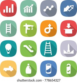flat vector icon set - graph vector, diagram, up down arrow, ladder, tower crane, trip, package, air ballon, escalator, rocket start, pickup, cleanser, powder, please clean