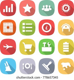 flat vector icon set - graph vector, star, group, sun power, cpu, list, info, barn, plane, cart, repair tools, battery, knife holder, fork spoon plate, scraper, spot