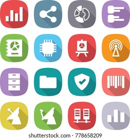 flat vector icon set - graph vector, share, circle diagram, annual report, chip, presentation, antenna, archive, documents, protected, bar code, satellite, server, chart