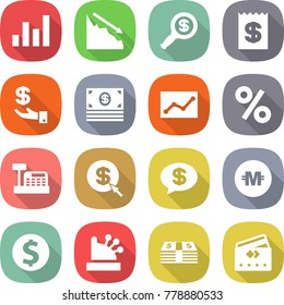 flat vector icon set - graph vector, crisis, dollar magnifier, receipt, investment, money, statistics, percent, cashbox, arrow, message, crypto currency, coin, credit card