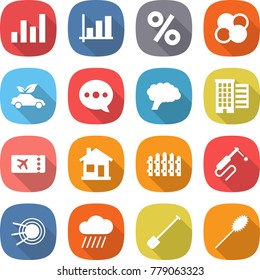 flat vector icon set - graph vector, percent, atom core, eco car, balloon, brain, houses, ticket, home, fence, welding, satellite, rain cloud, shovel, duster