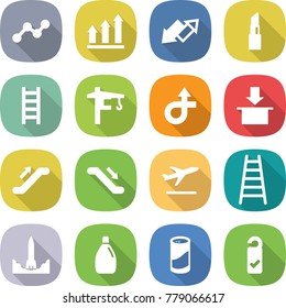 flat vector icon set - graph vector, up, down arrow, lipstick, ladder, tower crane, trip, package, escalator, departure, rocket start, cleanser, powder, please clean