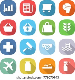 Flat Vector Icon Set - Graph Vector, Newspaper, Delivery, Virtual Mask, Basket, Add To, Shopping Bag, Spikelets, Cross, Repair, Surveillance Camera, Pool, Plane, Bank, Soil Cutter, Sprayer