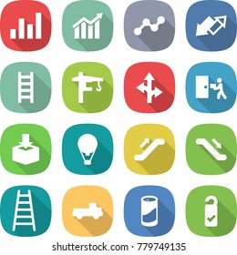 flat vector icon set - graph vector, diagram, up down arrow, ladder, tower crane, route, courier delivery, package, air ballon, escalator, pickup, cleanser powder, please clean